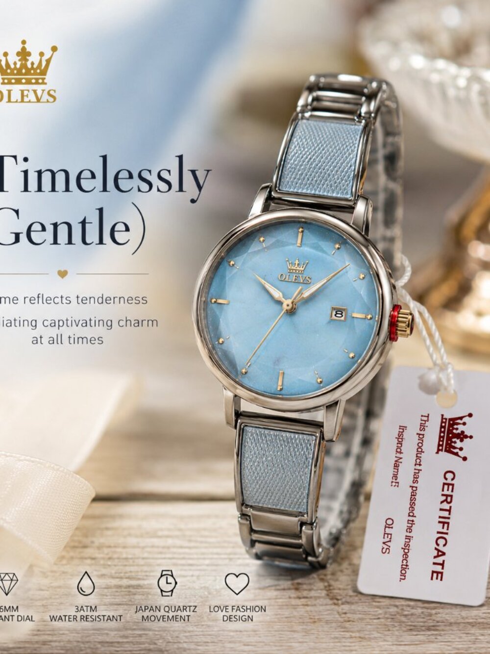 WA-17--OLEVS 5189 Ladies Gold Tone Quartz Watch 36mm Blue Love Fashion Dial